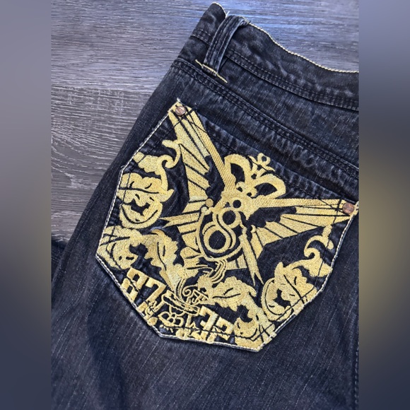 Eight 732 vintage denim embroidered baggy Y2K jeans gold blue oversized fit 36 - Picture 8 of 10